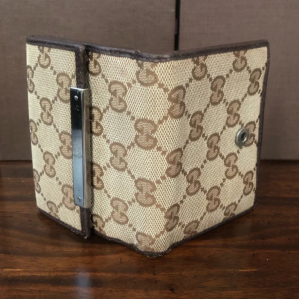 GUCCI GG Web Monogram Brown Leather Tan Canvas Trifold Wallet